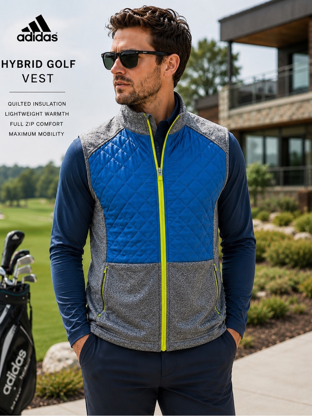 ADIDAS Blue Gray Quilted Reflective Hybrid Golf Vest Full Zip Puffer Athletic